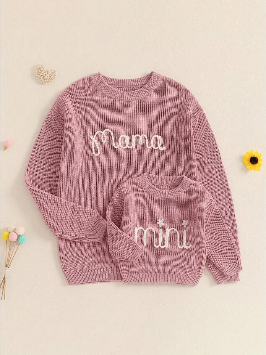 Mommy And Me Matching Outfits Mama And Mini Long Sleeve Crewneck Sweater Pullover Tops Mother Baby Matching Clothes - Hồng - Em bé - Xem 1