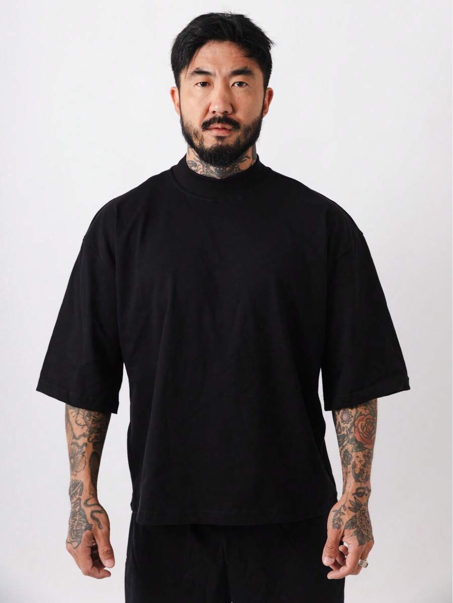 Premium High Neck Over Boxy T-Shirt - Negro - Ver 1