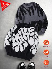 Set de 2 suéteres casuales, sueltos, cálidos, suaves y gruesos para adolescentes varones, aptos para primavera, otoño e invierno - Multicolor - Ver 1