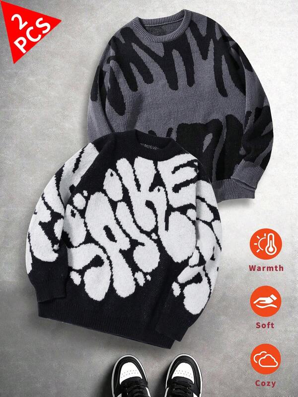 Set de 2 suéteres casuales, sueltos, cálidos, suaves y gruesos para adolescentes varones, aptos para primavera, otoño e invierno