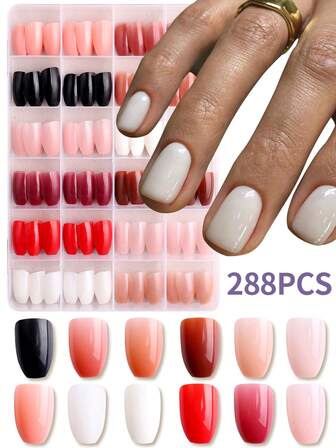 288片（12种颜色）短款芭蕾舞风格亮面按压式美甲贴片，亚克力材质，完美贴合，让您的指尖闪耀动人光泽，非常适合派对、舞蹈和日常佩戴。