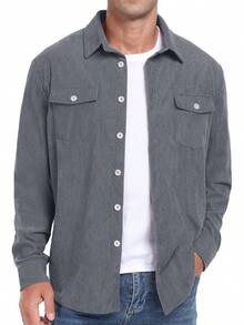Men's Corduroy Button Down Long Sleeve Casual Shacket Western Shirt With Flap Pockets, 2025 Style - A09 Xám - Xem 11