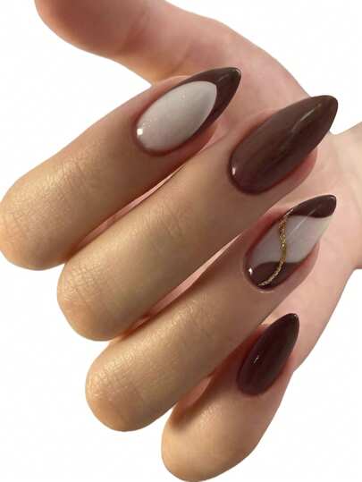 Gold Chrome Nail Tips 24Pcs French Style Medium Almond Shape Press On Acrylic Nail Tips, Y2K Brown And White Fake Nail Set With Gold Nail Powder Accents, Suitable For Nail Salons Girls And Women Nail Supplies Daily Wear, Holiday Parties, And New Year Gifts