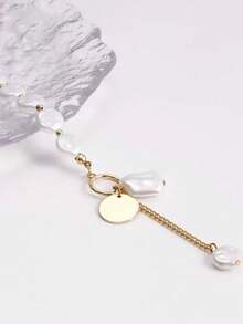 1 chiếc vòng cổ ngọc trai giả phẳng kiểu Baroque tối giản, thanh lịch, khóa cài OT, dây tua rua, thích hợp đeo hàng ngày và dự tiệc. - Dây chuyền tua rua khóa OT ngọc trai dẹt - Xem 7
