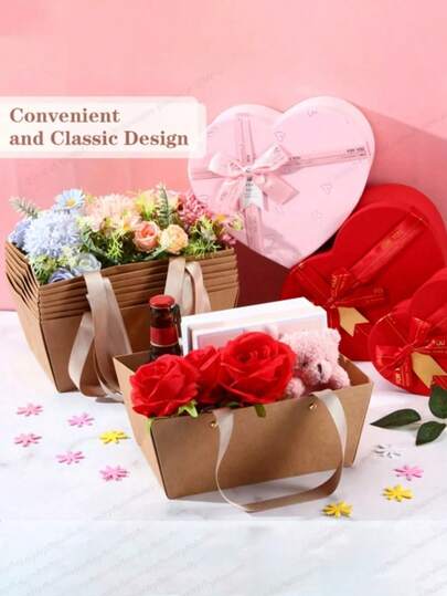 【散装牛皮纸篮】带提手牛皮纸礼品篮，尺寸：9.8 x 6.5 x 4.3 英寸 - 礼品包装、婚礼、派对、圣诞节、情人节装饰、闺蜜节、情人节礼物、婚礼回礼、单身派对