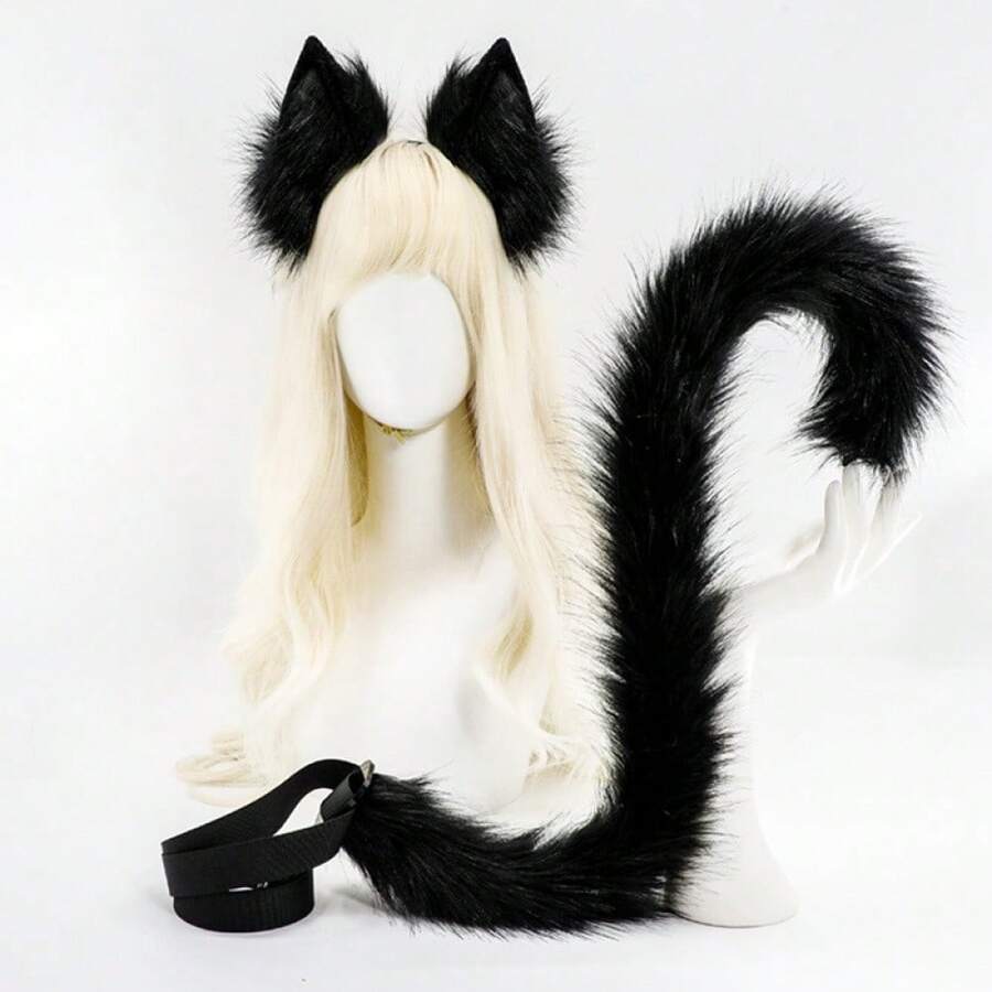 1 Set Plush Cat Tail Simulation Animal Ear Animal Tail Set Cat Ear Headband Fox Tail Cosplay Performance Props - Hồng - Xem 1