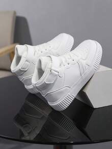 أحذية رياضية كاجوال عالية الكاحل للأطفال، مضادة للانزلاق وماصة للصدمات، تصميم بسيط، إغلاق بسوستة وحلقة، مناسبة للأولاد والبنات - أبيض - مشاهدة 4