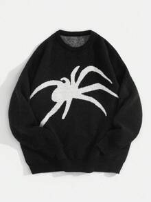 Colección de otoño/invierno DIYIE: Suéter de cuello redondo para hombre con textura cepillada de bloques de color, patrón de araña, estilo relajado, sofisticación de alta calle, tejido vintage - Negro - Ver 2