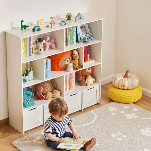 Toy Storage Organizer, Wooden Kids Bookshelf With Storage, Toy Storage Cabinet With 4 Mobile Drawers, Kids Storage Organizer For Bedroom, Nursery, Living Room, Entryway, Preschool, White
