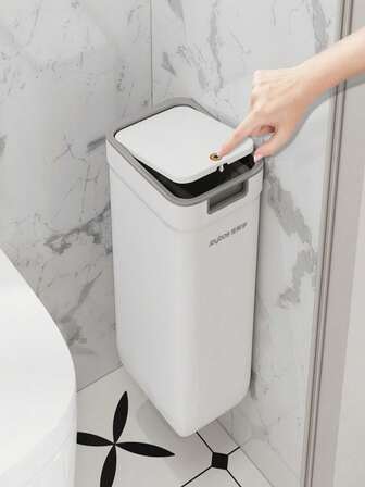 Papelera de baño montada en la pared - a prueba de olores sellada, funcionamiento sin contacto, diseño ahorra espacio, plástico duradero, fácil de limpiar, accesorio de baño moderno, papelera de baño, papelera sin contacto, diseño de papelera elegante