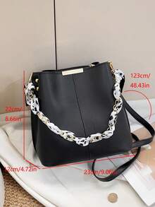 Women's PU Leather Bucket Bag With Chain Decor, Crossbody - Black - View 4