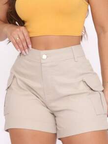 Women's High-Waisted Cargo Shorts With Side Pockets -  For Summer - Beige - View 5