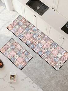1pc Premium Diatomite Kitchen Mat With Pink & Light Blue Color Block, Floral, Geometric, Swirl Decorative Patterns, Bohemian Style, Anti-Fatigue Cushion Kitchen Carpet, Water Absorbent For Kitchen, Bathroom, Entryway, Laundry Room