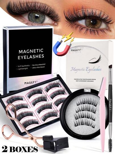 MAGEFY 4/3/1 Set CC Curly Magnetic Eyelashes, Includes Magnetic Clips, Pink Eyebrow Trimmer And Double-Ended Eyebrow Brush, Mixed Styles, No Glue Needed, Natural-Looking Reusable Fake Lashes, 6-13mm Faux Mink Lashes, Suitable For Daily Wear, Waterproof, Cartoon Style, Extended Outer Corner Design, Enlarging Eyes, Delicate For Everyday Use, Cartoon Style Lashes, Travel Essential, Beach Vacation, Camping Trip