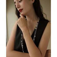 Noessla Layered Long Necklaces For Women Crystal Beaded Statement Necklace Sweater Silver Chain With Gifts Box Jewelry{Inchcolor_nameinch:InchBlackinch} - Hitam - View 6