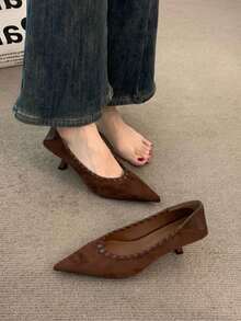 2025秋季新款复古麂皮拼接尖头套脚高跟鞋，百搭细跟小众高品质女式高跟鞋，猫跟鞋 - 棕色 - 查看 4