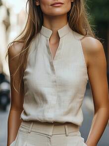 Women's Casual Sleeveless Top, Elegant Commuter Blouse - Apricot - View 5