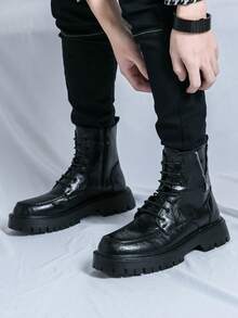 Men's High-Top Leather Motorcycle Boots, Round Toe Derby Style, Retro British Biker Boots