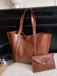 Bolso de hombro de gran capacidad de moda para mujer, bolso versátil de alta calidad con remaches de unicolor vintage elegante, adecuado para viajes, compras, ir al trabajo - Marrón - Ver 9