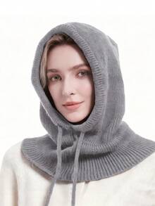 1pc Autumn/Winter Fashion Warm Knitted Beanie Hat With Scarf, Versatile All-In-One Ear Warmer Thick Knit Hat, Solid Color Fabric