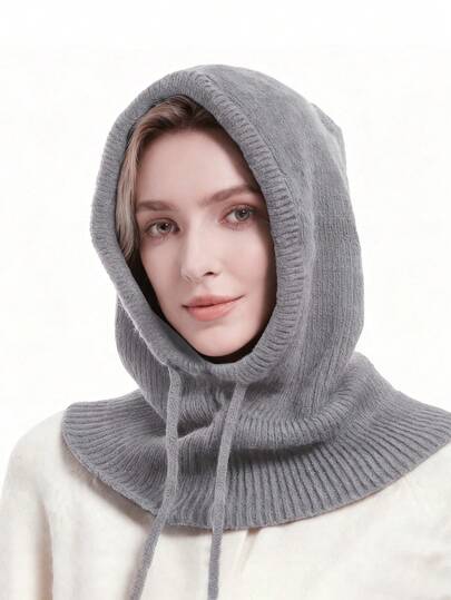 1pc Autumn/Winter Fashion Warm Knitted Beanie Hat With Scarf, Versatile All-In-One Ear Warmer Thick Knit Hat, Solid Color Fabric