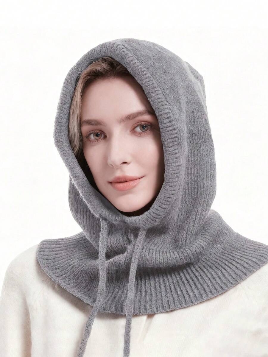 1pc Autumn/Winter Fashion Warm Knitted Beanie Hat With Scarf, Versatile All-In-One Ear Warmer Thick Knit Hat, Solid Color Fabric