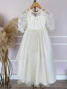 Vestido Infantil Azul Marfim Busto C/ Renda Daminhas Festas Luxo