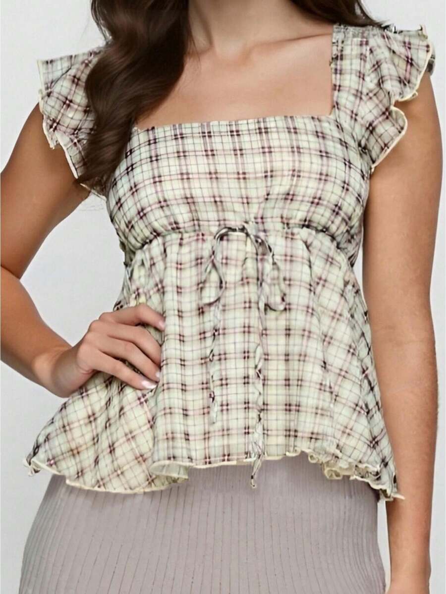 Women's Plaid Tank Tops Summer Fashionable Cute Square Neck Sleeveless Ruffle Shirt - 黃色 - 查看 1