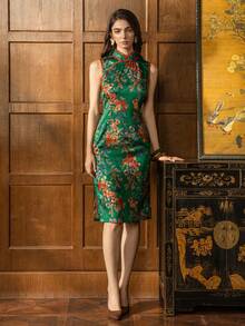 Elegant Women's New Chinese Style Cheongsam With Small Stand-Up Collar, Sleeveless Design, And Flattering Slit - Perfect For Formal Occasions Including Weddings, Gala Dinners, Corporate Events, High-End Parties, And Important CeremoniesSuitable For New Year And Valentine's Day Party Outfits - Dark Green - View 3