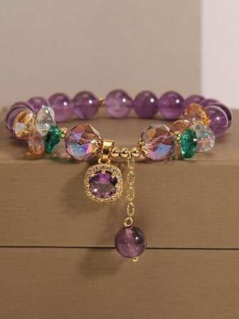 1 Pc Classic Amethyst Bead Bracelet With Cubic Zirconia, Not Coated With Fashionable Jewelry, Suitable For Women's Daily Wear And Gifting