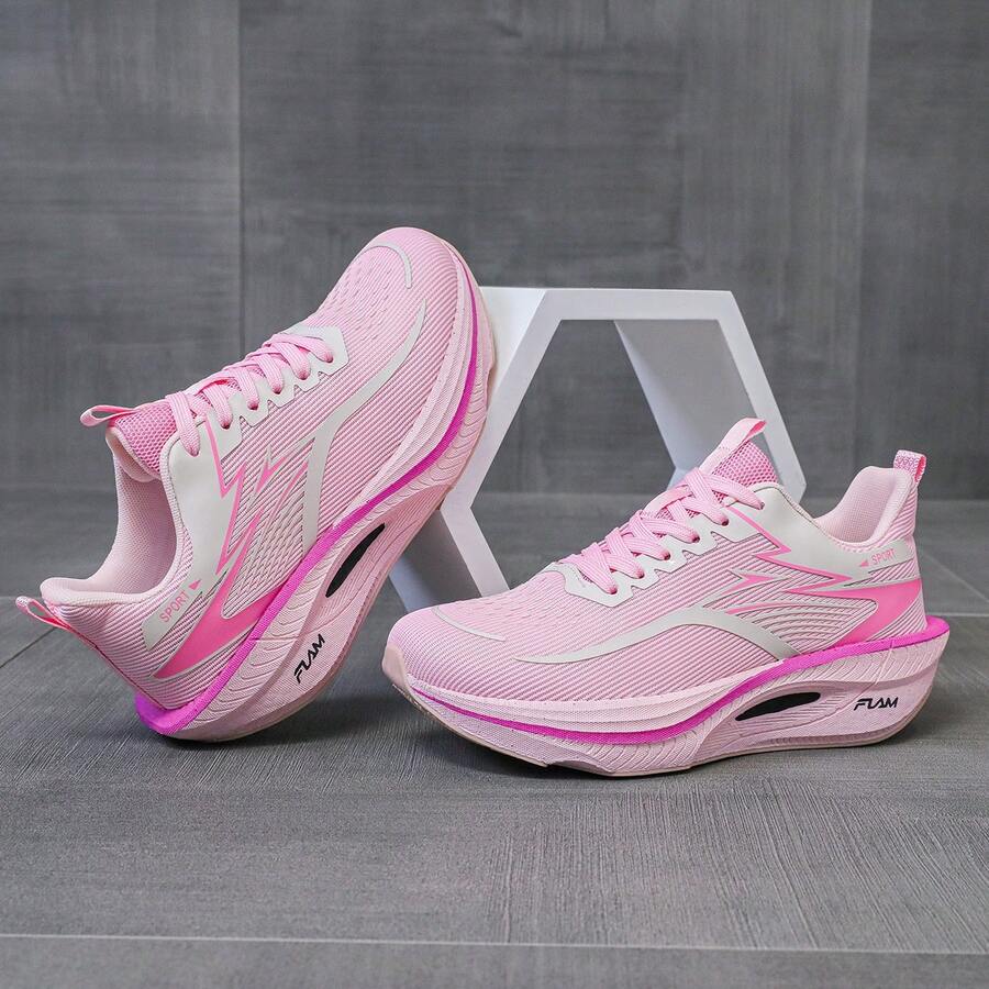 Women's Carbon Plate Running Shoes, Breathable Knitted Sports Shoes, Non Slip, Elastic, Suitable For Various Outdoor Sports Such As Running, Fitness, Tennis, Etc - 粉色 - 查看 1