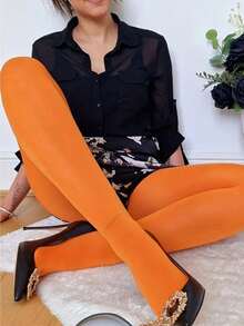 Women's Cozy Velvet Orange Tights - A Must-Have For Fall And Winter Holidays, Perfect For Versatile Party And Festive Outfits.