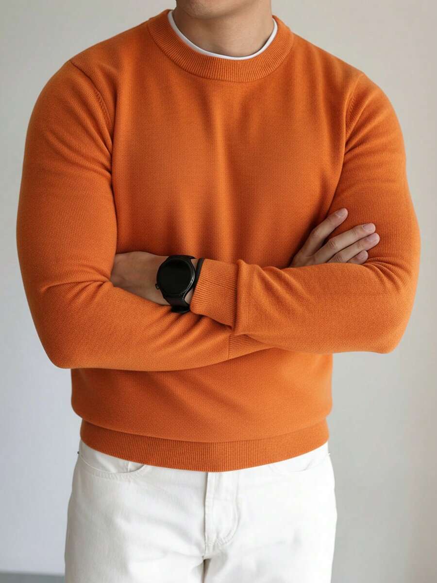 Men's Solid Color Crew Neck Long Sleeve Casual Versatile Lightweight Sweater, Loose Knit Top - Orange - View 1
