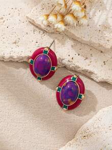 زوج من أقراط الأذن المرصعة بالمينا ذات التصميم الهندسي الأنيق والفيروز الاصطناعي، بطراز رجعي مناسب للنساء للارتداء في الحفلات والمناسبات والمناسبات اليومية