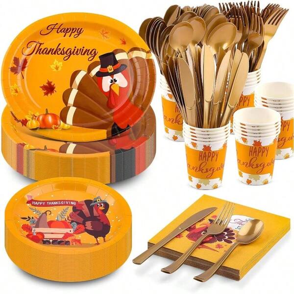 210Pcs Thanksgiving Paper Plates Set - 30 Guests With 10 * 12inch Oval And 9inch Round Plate, Napkins, Cups, Forks, Knives, Spoons Thanksgiving Fall Party Supplies