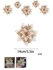 Conjunto de 10 flores de poinsétia douradas champanhe com prendedores, flores de Natal com glitter, flores artificiais luminosas, ótimas para decoração de árvores e guirlandas de Natal, decoração de árvores, casamentos, decorações de festas de fim de ano, celebrações em casa, festas de Natal, flores artificiais de Natal com glitter, enfeites para árvore de Natal, decorações de Feliz Natal para casa, presentes de Ano Novo.