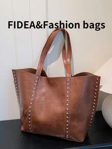 Bolso de hombro de gran capacidad de moda para mujer, bolso versátil de alta calidad con remaches de unicolor vintage elegante, adecuado para viajes, compras, ir al trabajo - Marrón - Ver 6