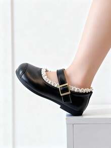 2025圣诞新年礼物,适合3-12岁女孩,黑白波浪蕾丝,漆皮PU材质,防滑鞋头保护,魔术贴低帮包头平底鞋,复古学院风甜美公主鞋,适合日常穿着、学校活动,畅销款 - 黑色 - 查看 9