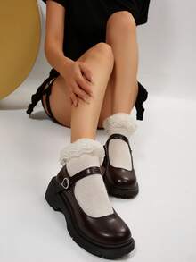 圆头浅口玛丽珍鞋，黑色PU皮，青年款，舒适休闲，适合度假，乐福鞋，女鞋，黑色鞋，学生鞋，金属扣，搭扣，女士坡跟厚底鞋 - 棕色 - 查看 2