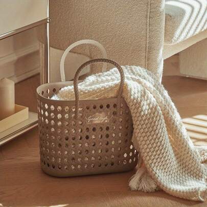 Large Capacity Imitation Rattan Outdoor Camping Hand Basket, Modern Style Shopping Basket, Plastic Household Storage Basket, Storage Frame, Toy Storage, Bathroom Storage, Home Storage, Basket Storage