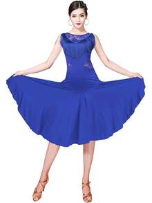 2025 New Model Ballroom Dance Dresses For Women Fringed Lace Back Salsa Latin Dance Dress With Shorts (5 Colors) - 寶藍色 - 查看 7