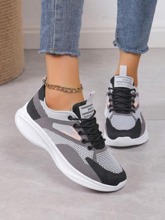 Zapatillas deportivas de moda para mujer con cordones delanteros y decoración de color contrastante, zapatillas para correr antideslizantes adecuadas para deportes al aire uso casual
