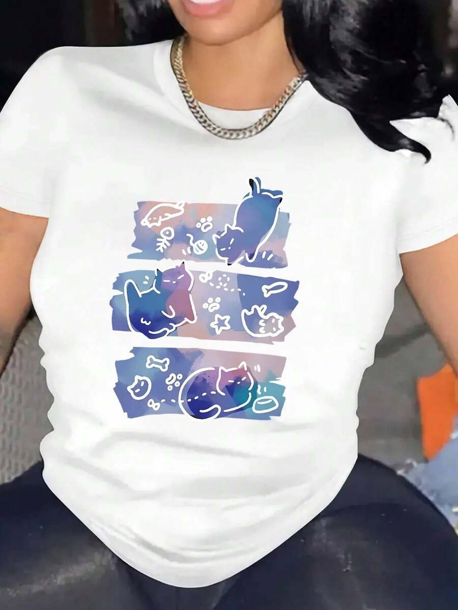 1pc WhimsyCat Camiseta de mujer, impresión de silueta de gato de caricatura, cuello redondo, manga corta, 100% algodón tejido, estiramiento medio, parte superior deportiva casual para todas las estaciones
