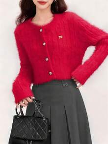 女士时尚短款保暖蝴蝶结多功能圆领长袖毛衣开衫针织外套秋冬街头潮流 - 紅色 - 查看 8
