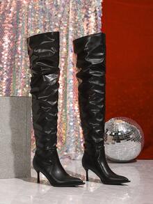 Women's Autumn/Winter Tall Tube Socks, Fashion Boots, Over-The-Knee Boots, Outdoor Commute, Natural Wrinkle Slouch Boots, Pointed Toe Slim Fit Tall Boots, High Heel Black Tall Boots - Black - View 4