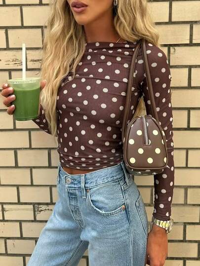 New Stylish & Elegant Polka Dot Knit Sweater Top, Suitable For School, Casual, Date, Street, Airport, Music Festival Wear, All Seasons