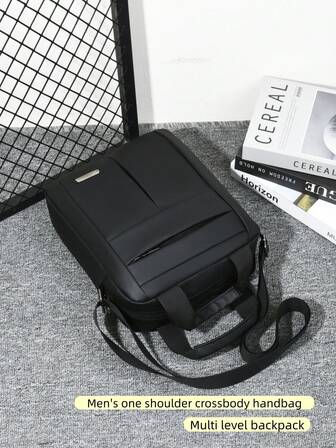 1pc Black Solid Color Multi-Zipper Closure Daily Use Men Backpack Shoulder Messenger Handbag, Suitable For Commuting, Work, Business Pouch