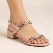 Women's Sandals Low Block Heel Thick Comfortable Rhinestones Feminine Casual Woman - Màu hồng gỉ - Xem 4