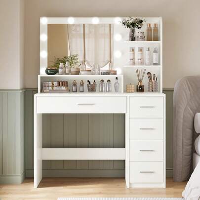 Vanity Desk With Miror And Lights,Makeup Wanity With 5 Drawers And 3 Storage Shelwes,Dressing Table With 3 Color Modes And Adjustable Bnghtnes,Anity Desk For Bedrom, White