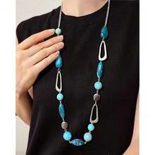 Noessla Layered Long Necklaces For Women Crystal Beaded Statement Necklace Sweater Silver Chain With Gifts Box Jewelry{Inchcolor_nameinch:Inch07-Seagreeninch} - 07-海綠 - 查看 4